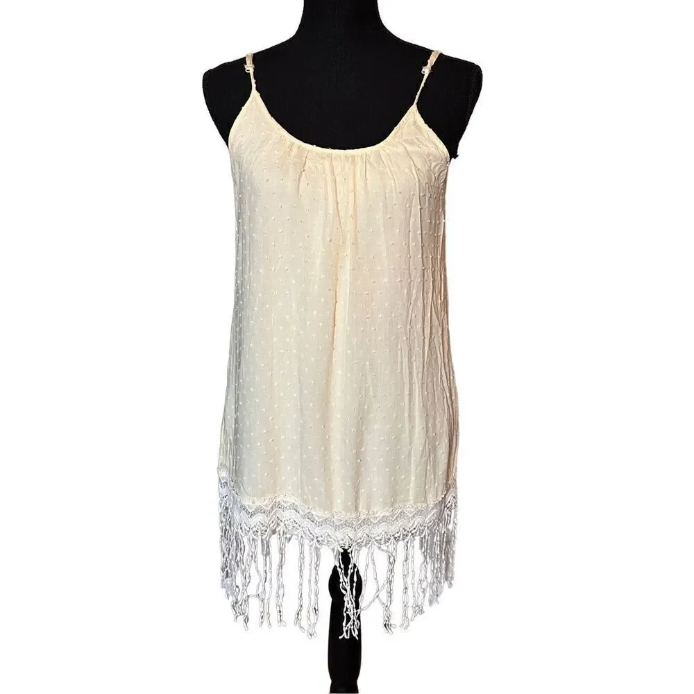 Dani Collection Spaghetti Strap Fringe Criss Cross Back Pale Yellow Dress Size S